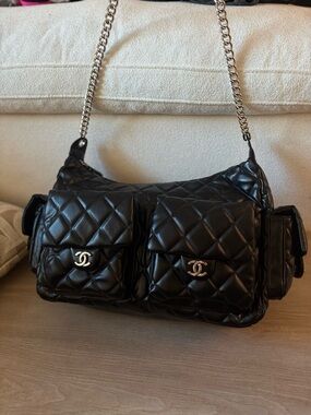Chanel Black Quilted Leather Reporter Shoulder Bag with Dual Front Pockets